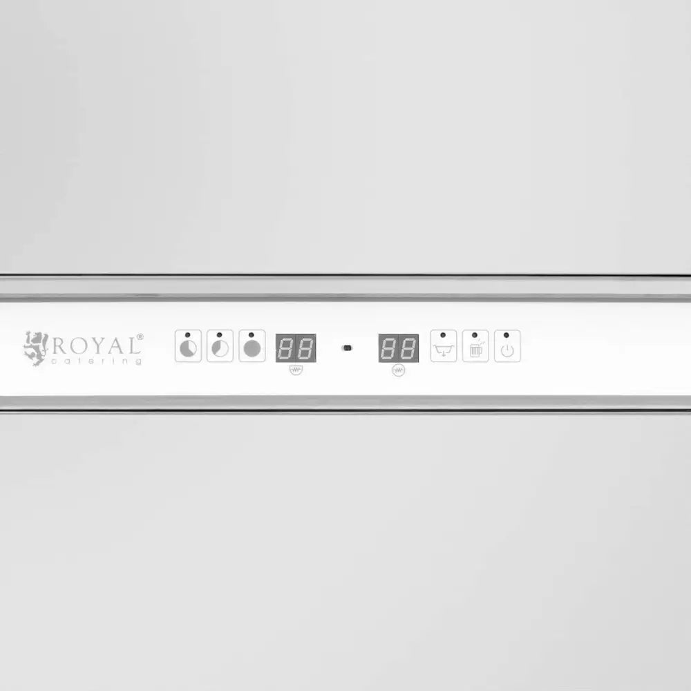 Oppvaskmaskin kontrollpanel i rustfritt stål, digitale display, funksjonsknapper og ROYAL-logo sett forfra.