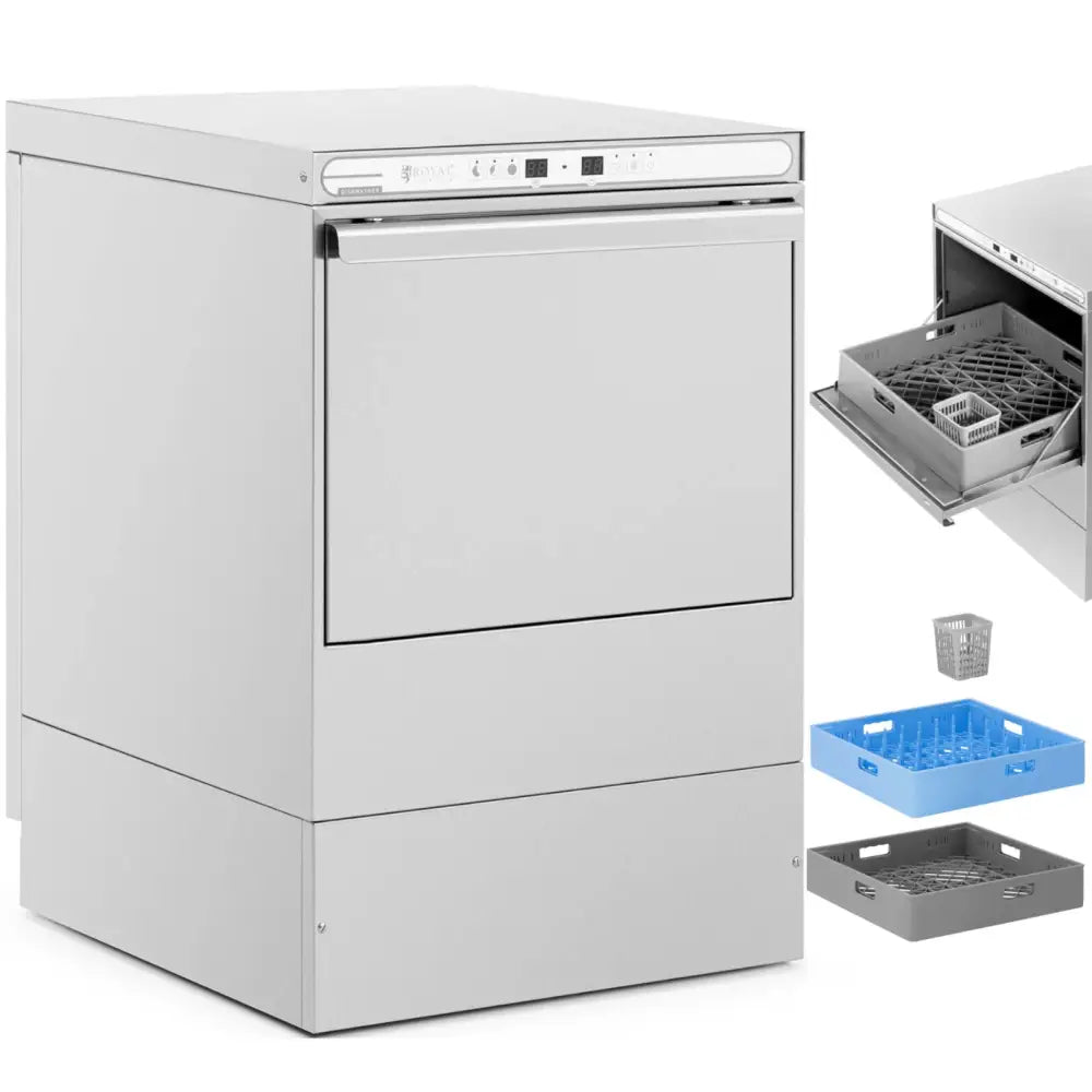 Oppvaskmaskin med skuff, skrå frontvisning med åpne grå og blå kurver samt bestikkurv synlig.