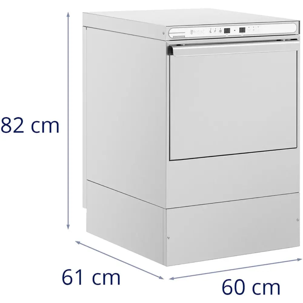 Sølvfarget oppvaskmaskin med skuff, skrå forfra, mål på høyde, bredde og dybde i centimeter vises.