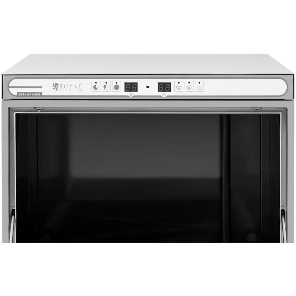 Oppvaskmaskin med skuff, nærbilde av rustfritt frontpanel med digitalt display og kontrollknapper.