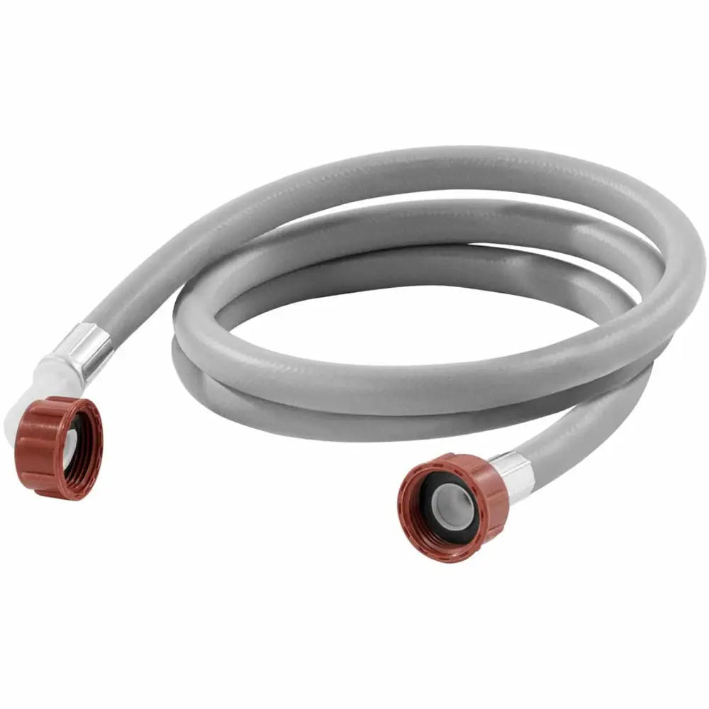 Grå plastslange med røde koblinger og synlige gjenger, skrått fotografert mot hvit bakgrunn.