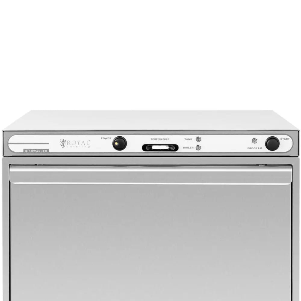 Oppvaskmaskin for storkjøkken, frontbilde med ståldør, grep, kontrollpanel og synlige indikatorlys.