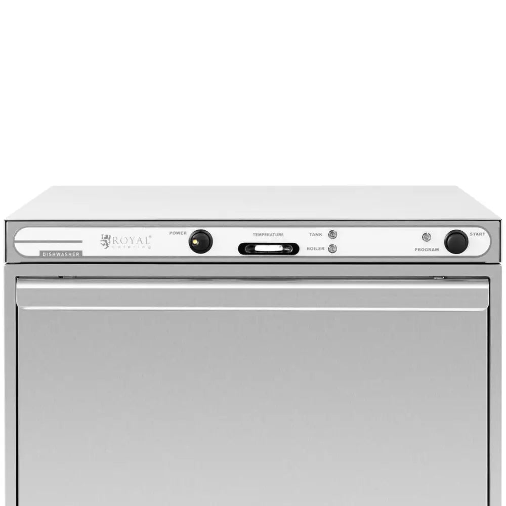 Oppvaskmaskin under benk, frontvisning med kontrollpanel, knapper, indikatorlys og temperaturdisplay på døren.