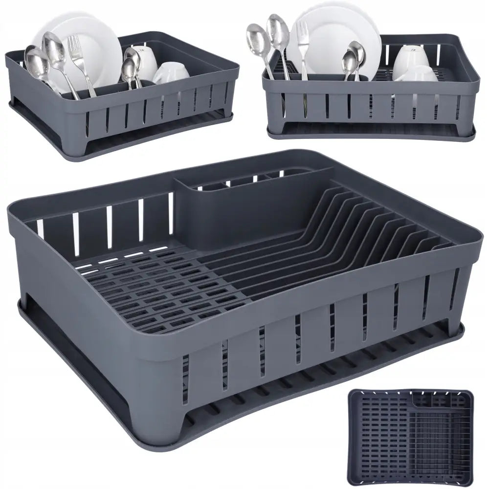 Oppvaskstativ med dryppebrett i grå plast, sett fra siden med bestikkholder og avtagbart brett under.