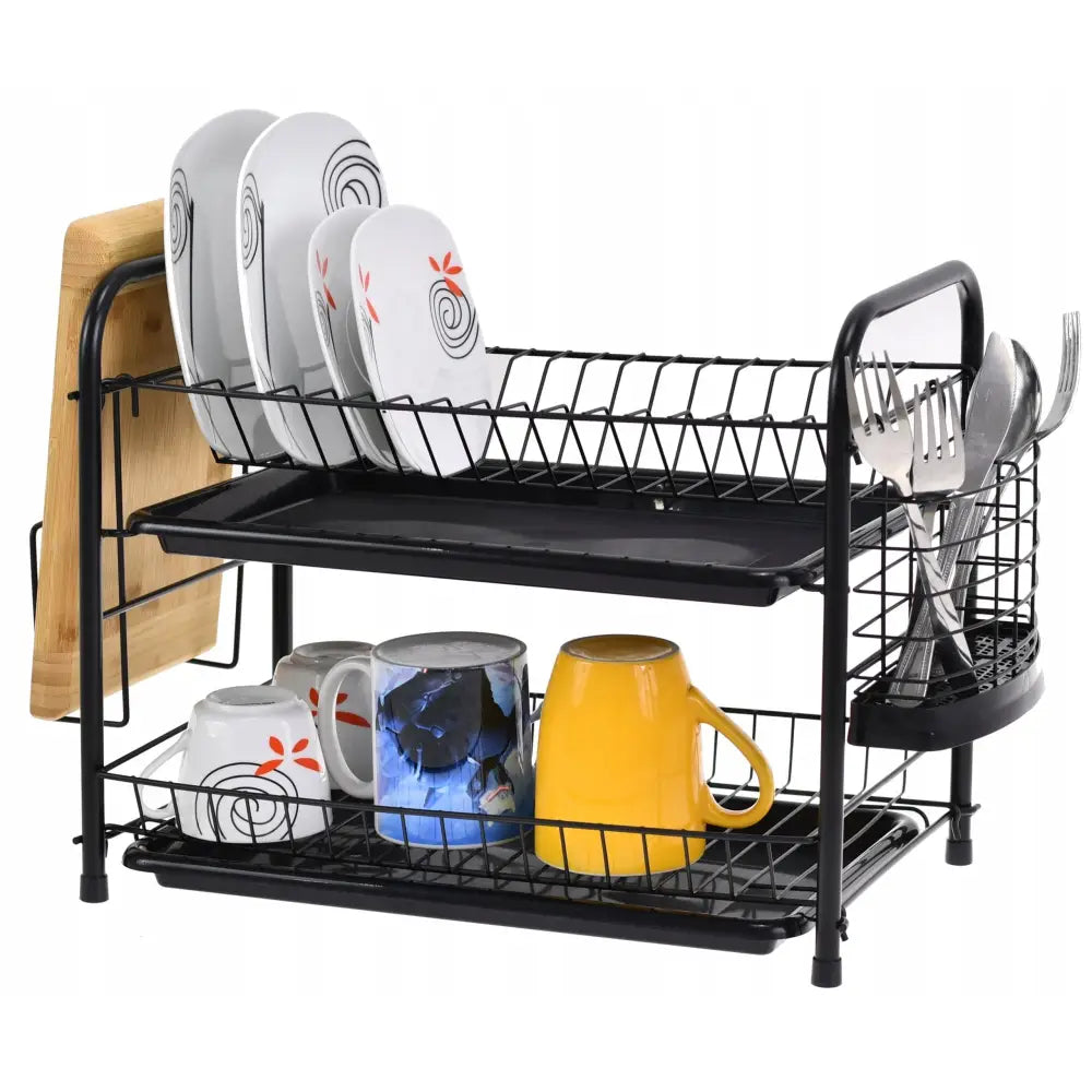 Oppvaskstativ med dryppebrett i svart metall, to hyller, bestikkholder og plass til skjærefjøl.