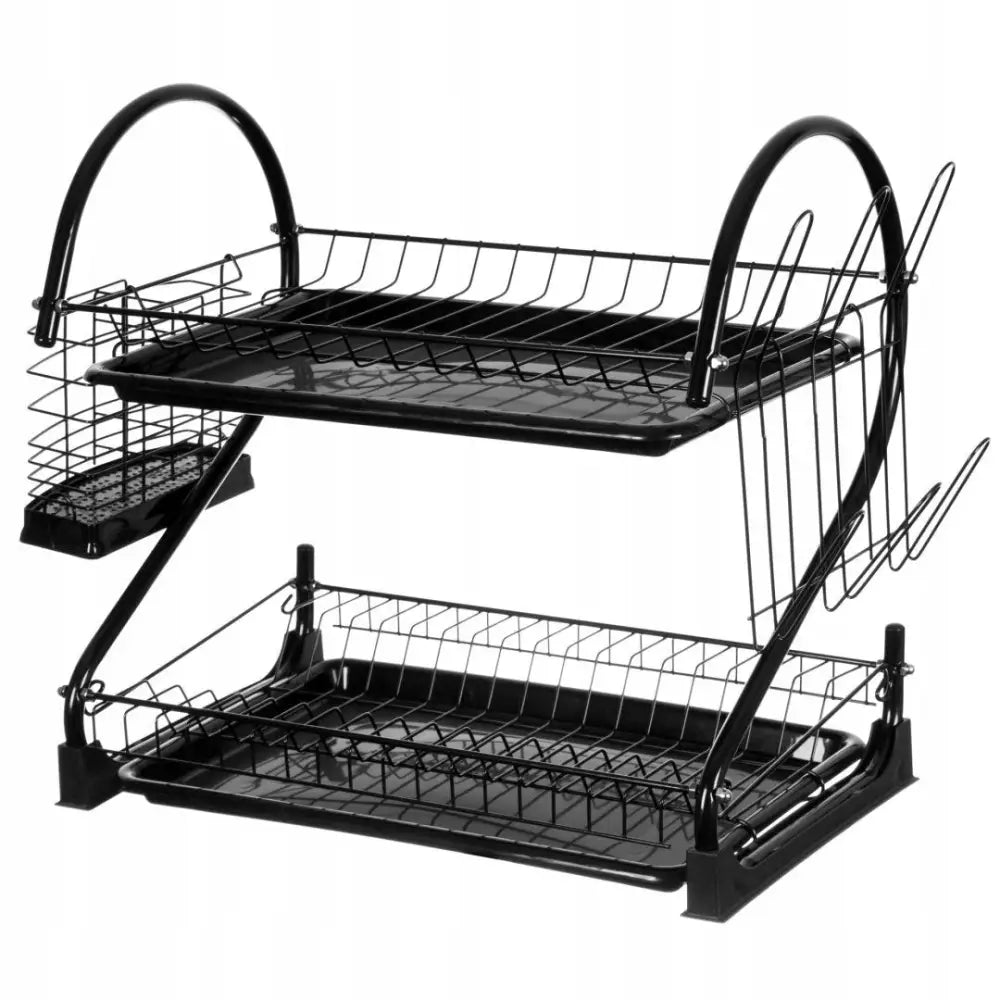 Oppvasktørker i sort metall med to nivåer, bestikkholder og tallerkenstativ sett skrått forfra.