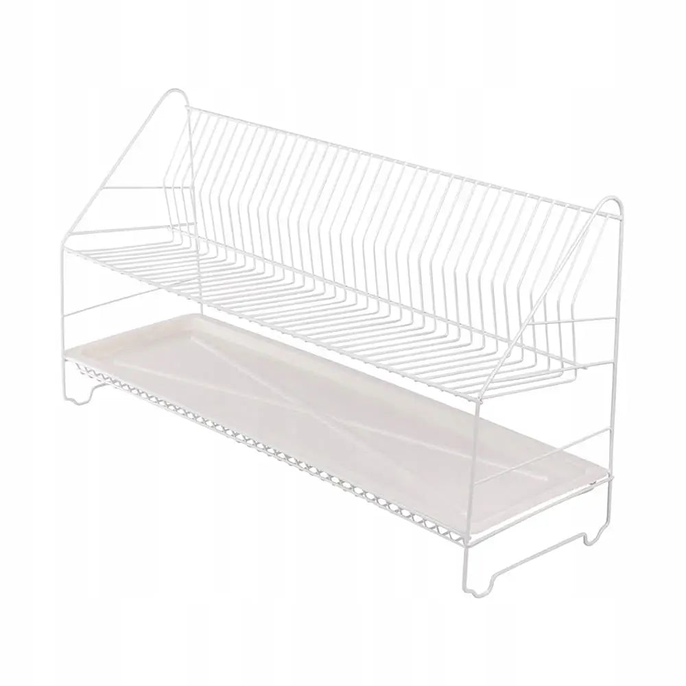 Oppvasktørker 2-nivå i hvitlakkert metall med plast dreneringsbrett, sett fra skrå vinkel.