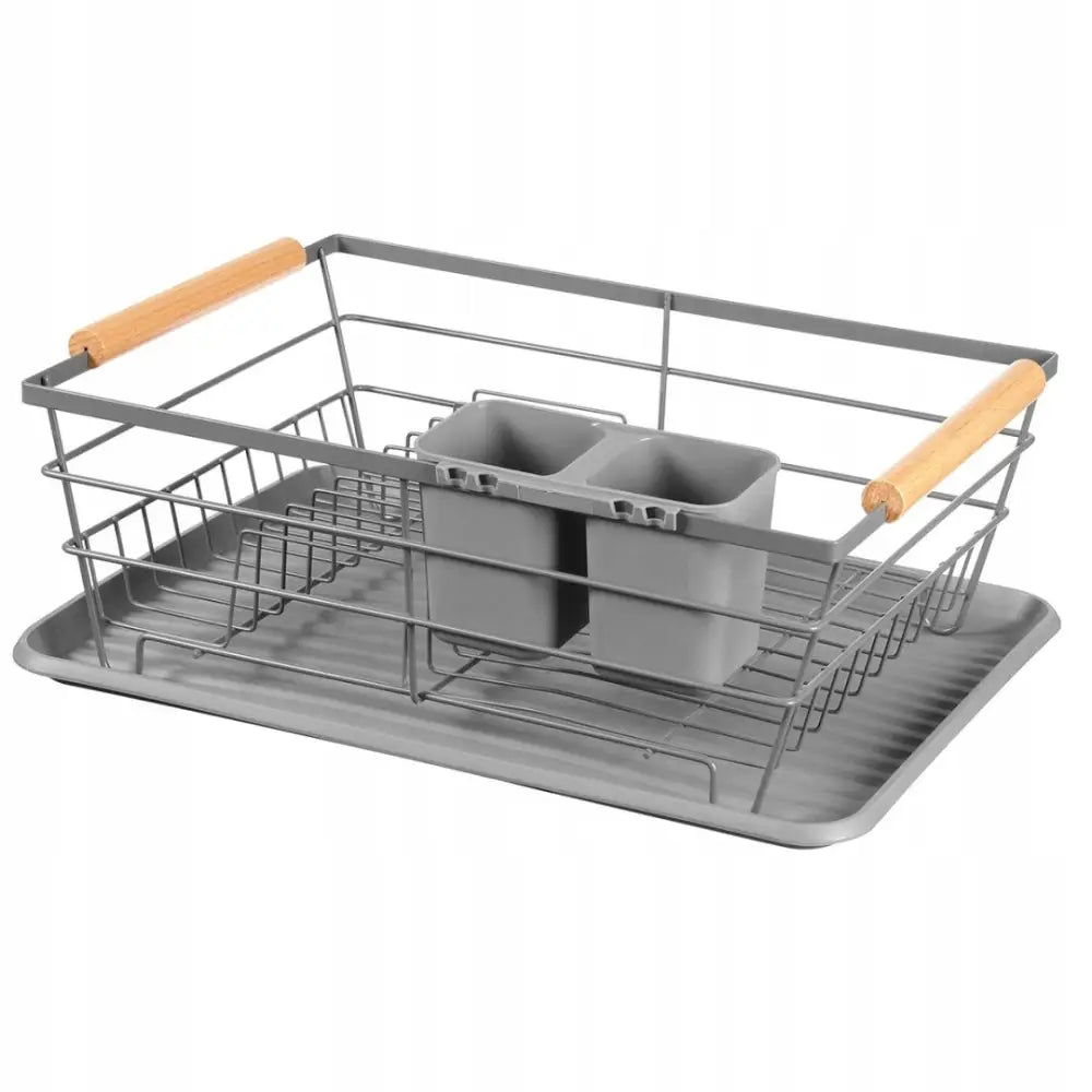 Oppvasktørker i grått metall med trekantede trehåndtak, to grå bestikkbeholdere og avrenningsbrett.