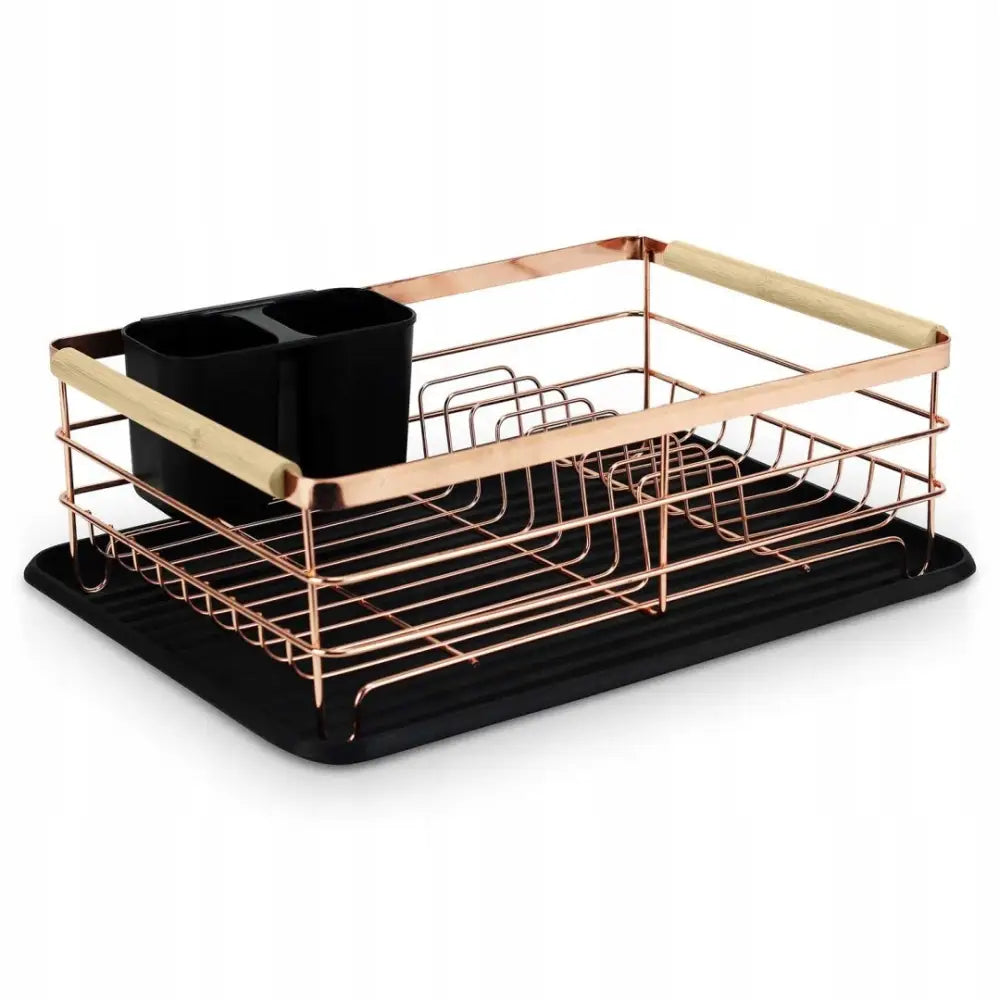 Oppvasktørker MS-600 Massido i kobberfarget metall med sort bestikkholder, lyst trehåndtak og sort dryppbrett.