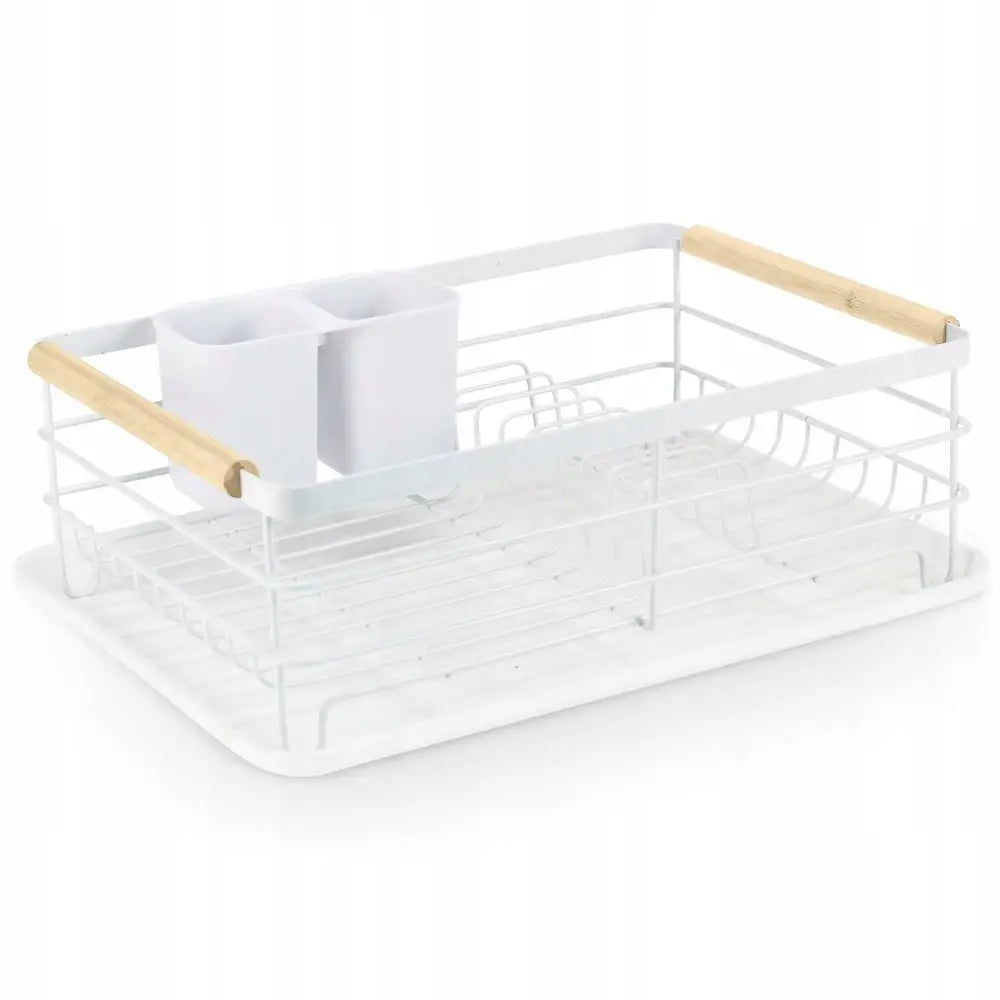 Oppvasktørker i hvitt metall med lyst trehåndtak og plast bestikkholder, skrå forfra mot hvit bakgrunn.