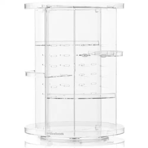 Organisator for kosmetikk, gjennomsiktig sylinderhylle med flere nivåer og åpne rom for oppbevaring.