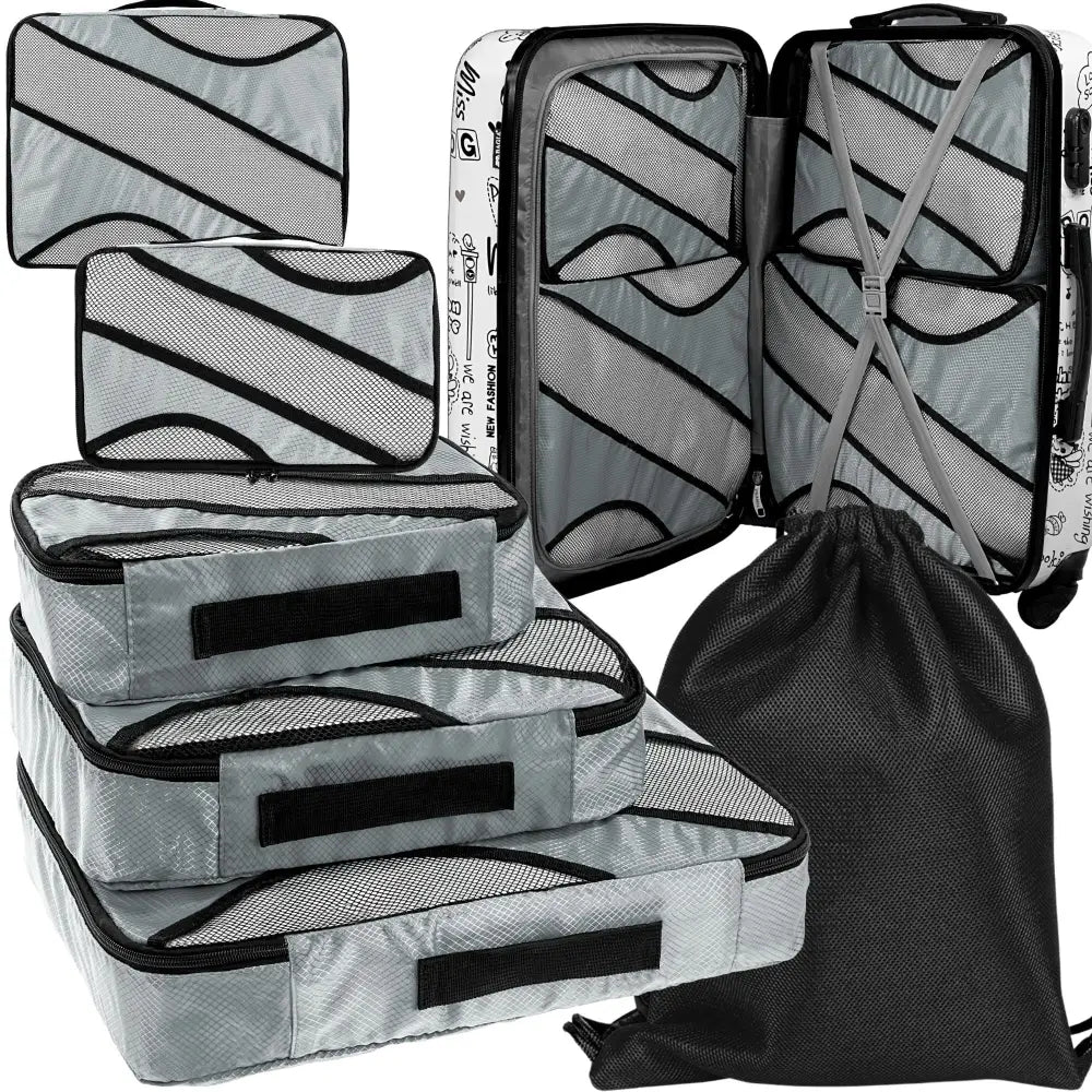 Organiser 6X sett med grå og svarte nylonposer, nettingpaneler og håndtak, vist sammen med koffert.