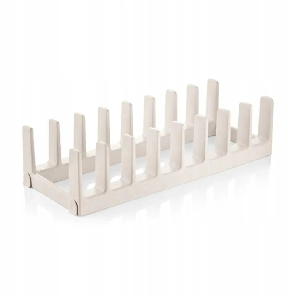 Organiseringsstativ til skuff for lokk, hvit plast med skillevegger vist fra skrå vinkel på hvit bakgrunn.
