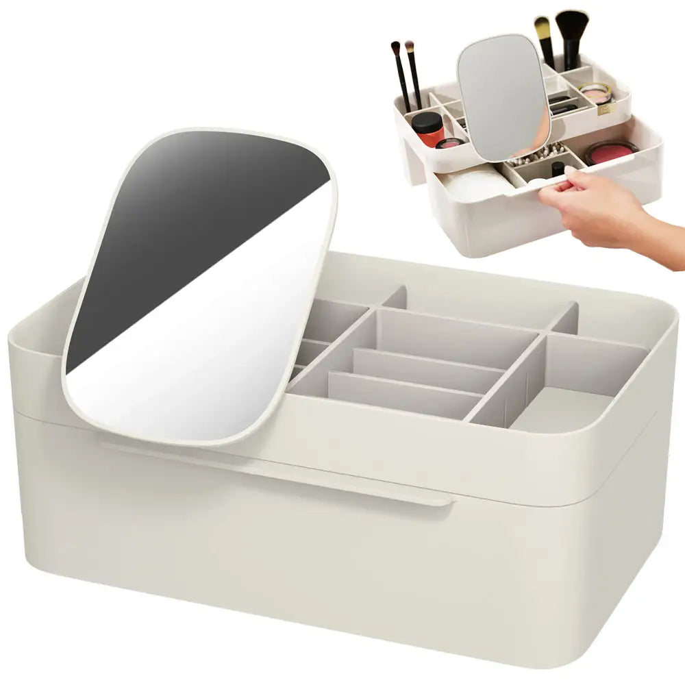 Organizer for kosmetikk med skuff og speil, beige plastboks med rom, speil og sminkeprodukter i bruk.