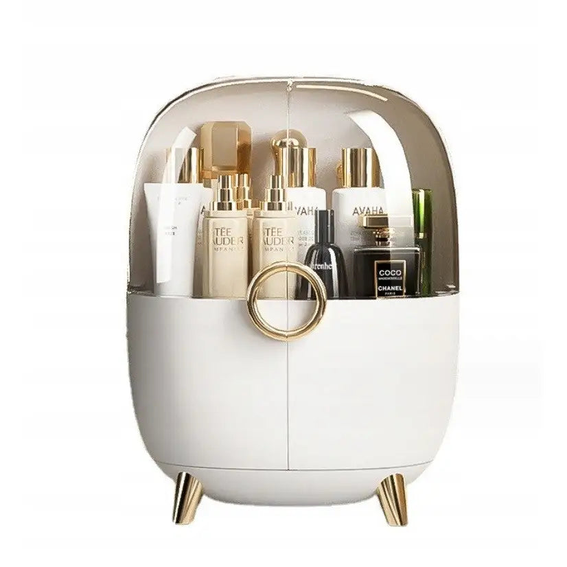 Organizer Ring smykkeskrin XL, hvit boks med gullben, gjennomsiktig lokk og kosmetikkflasker inni.
