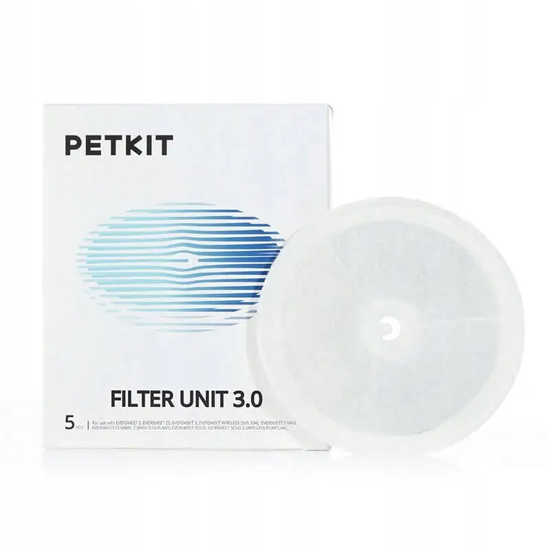 Originalfilter til Petkit drikkefontene, rundt hvitt filter vist foran produkteske med blå detaljer og tydelig etikett.