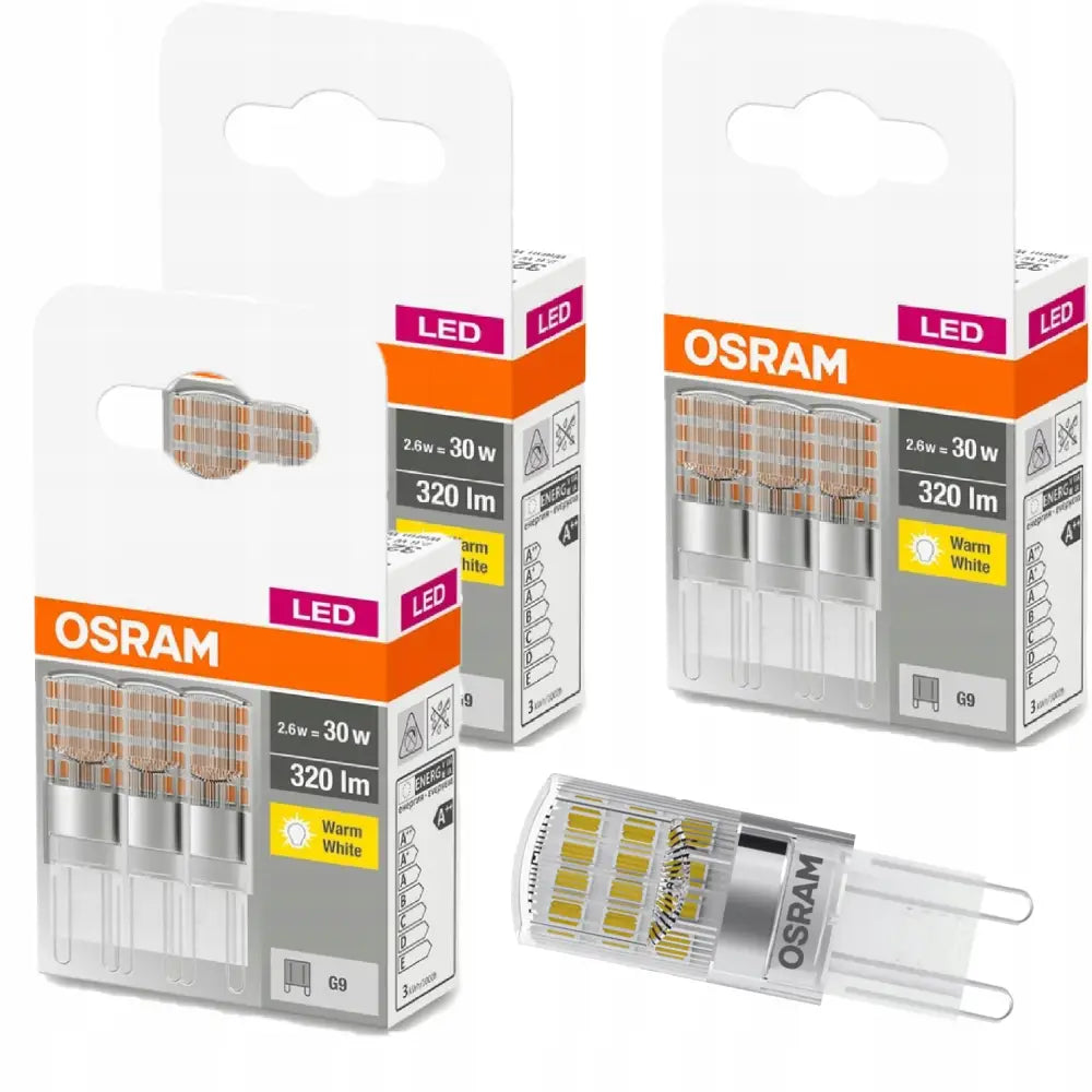 Osram LED-pære G9, nærbilde av pære med synlige LED-chip og logo foran tre pakker i oransje emballasje.