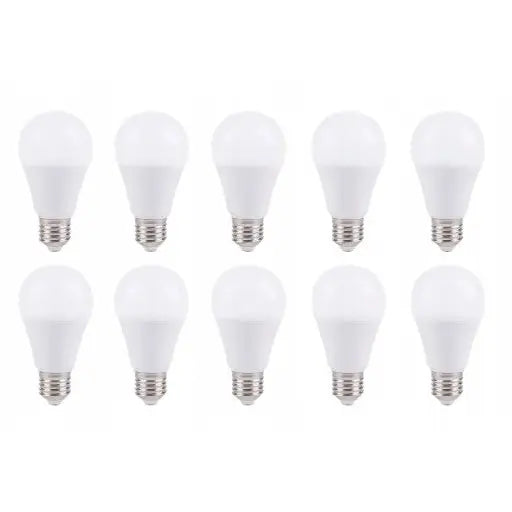 Ti Osram LED-lyspærer med E27-sokkel, oppstilt i to rader på hvit bakgrunn, sett forfra.
