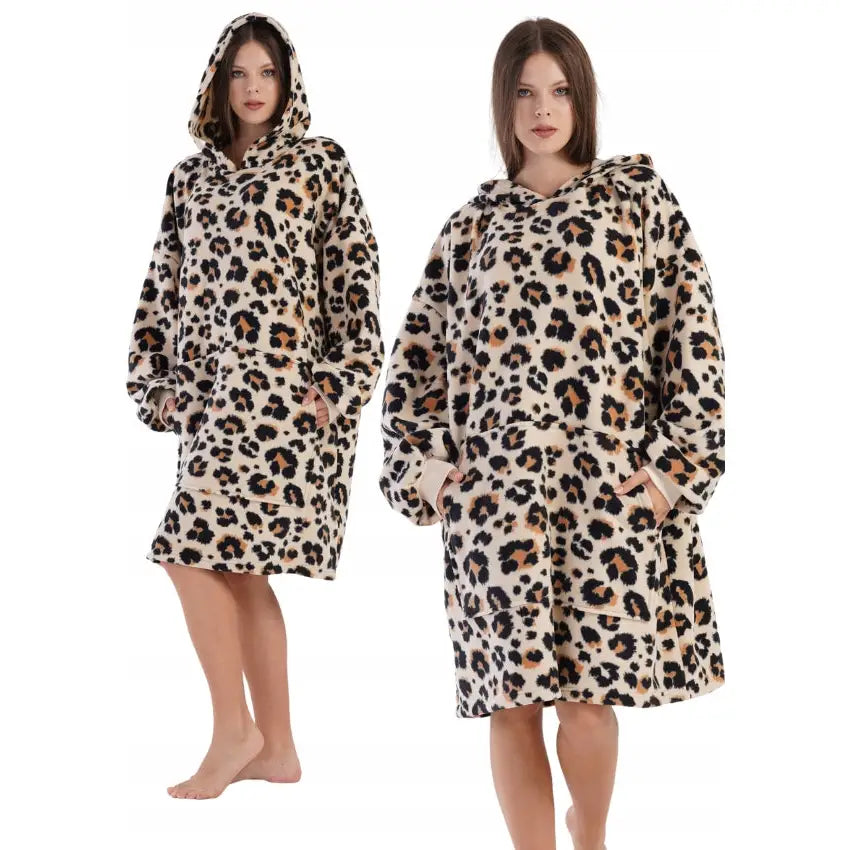 Overdimensjonert Kosegenser/kåpe 2-i-1 med Leopardmønster