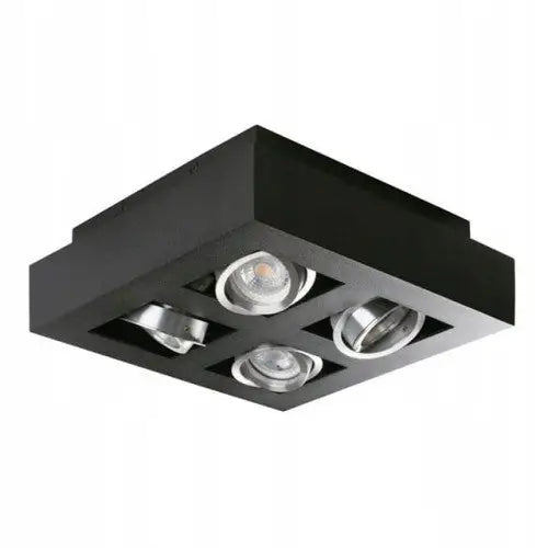 Overflatemontert Kanlux Stobi DLP 450 svart armatur, fire runde spotlys i sort firkantet taklampe.