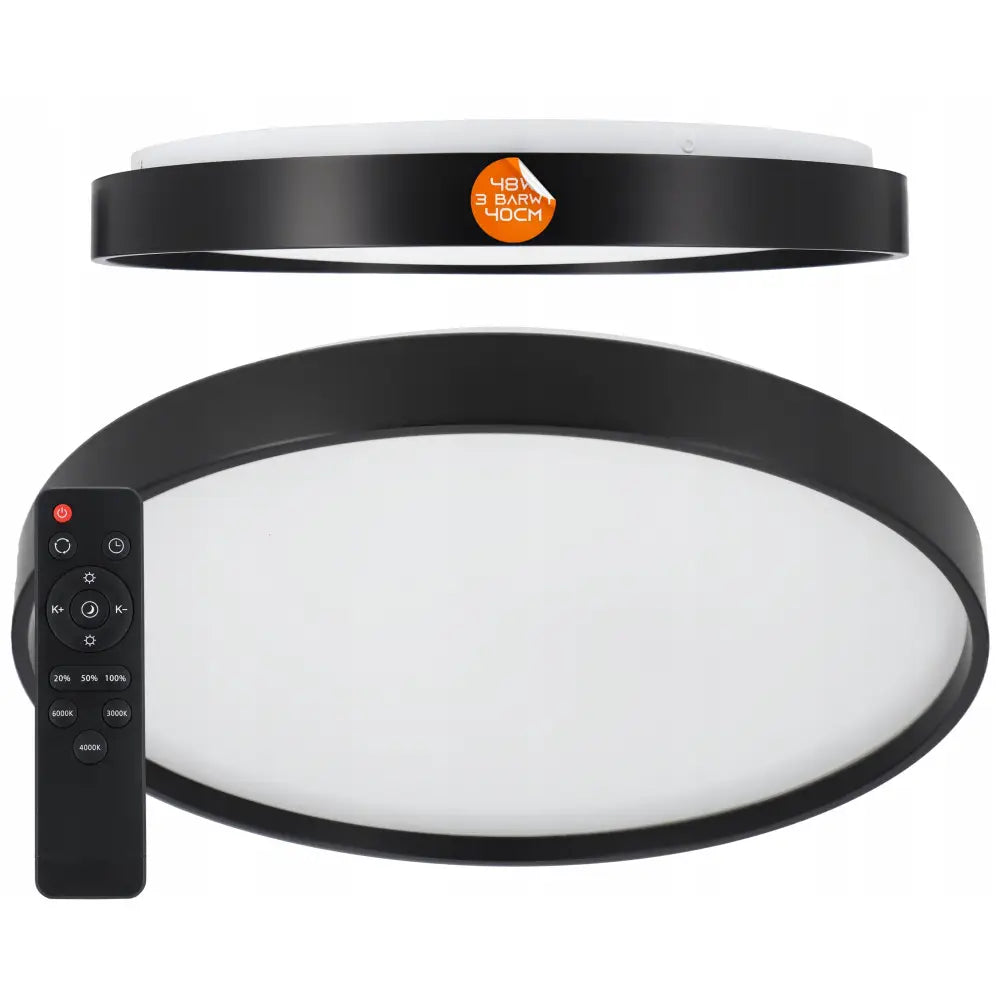 LED taklampe med sort ramme og hvit diffusor, avbildet sammen med multifunksjonell fjernkontroll.