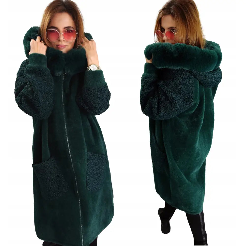 Overgangsjakke Alpakka Lam med Avtagbar Pels på Hetten Flaskegrønn