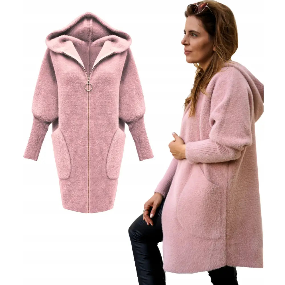 Overgangsjakke i Alpakka med Glidelås og Hette i Pudderrosa