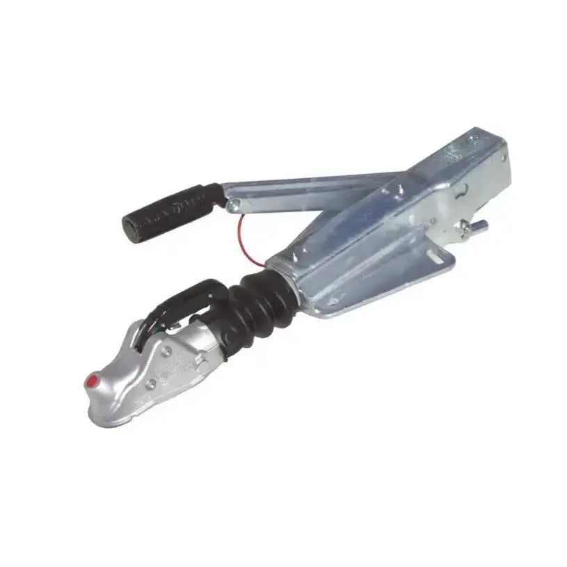 Påløpsbrems for tilhenger 3000kg, sidevisning med svart håndtak, gummibelg og rød detalj på koblingen.