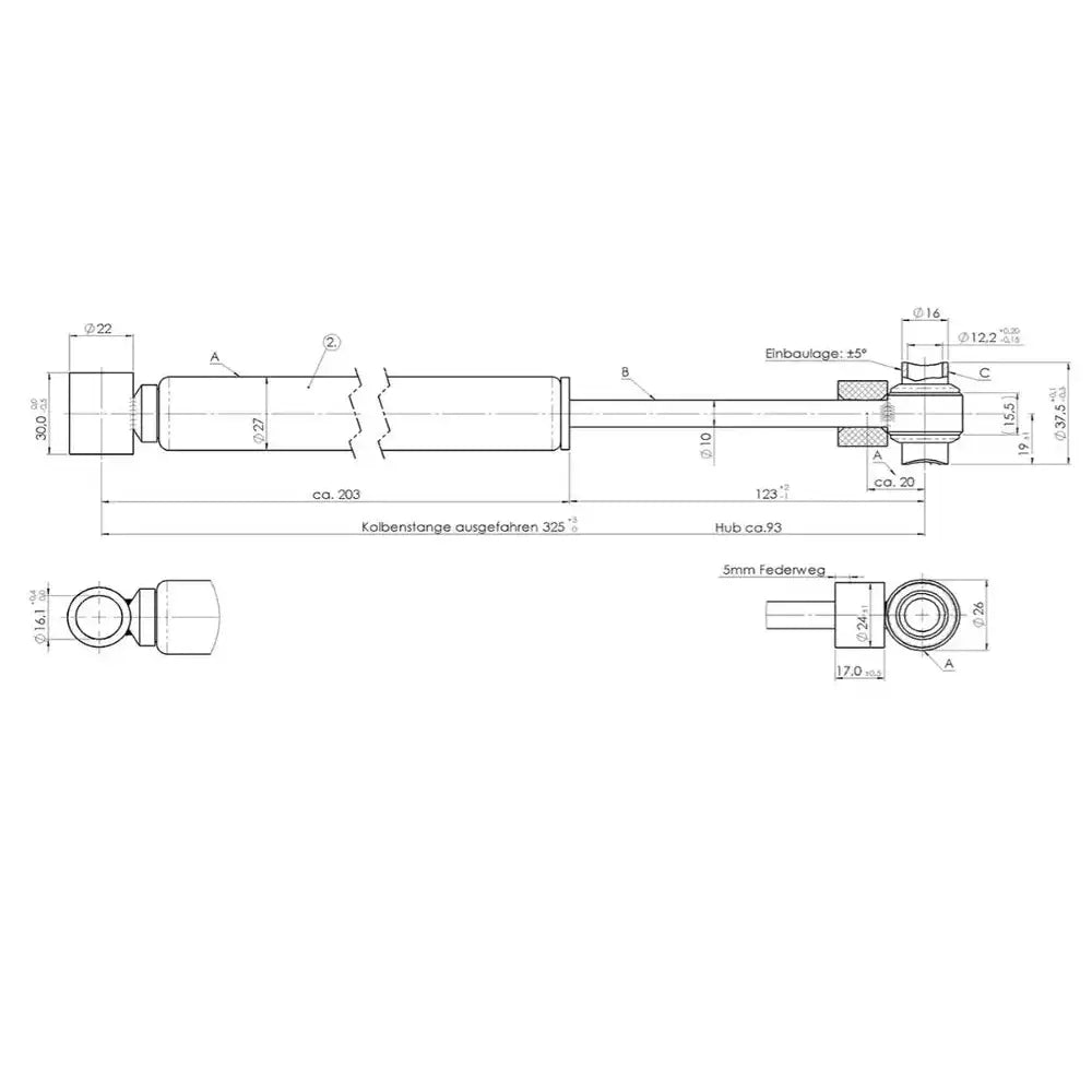 Overløpsbremsespjeld AL-KO 251S, teknisk tegning med målvisning fra side og topp, tysk tekst.