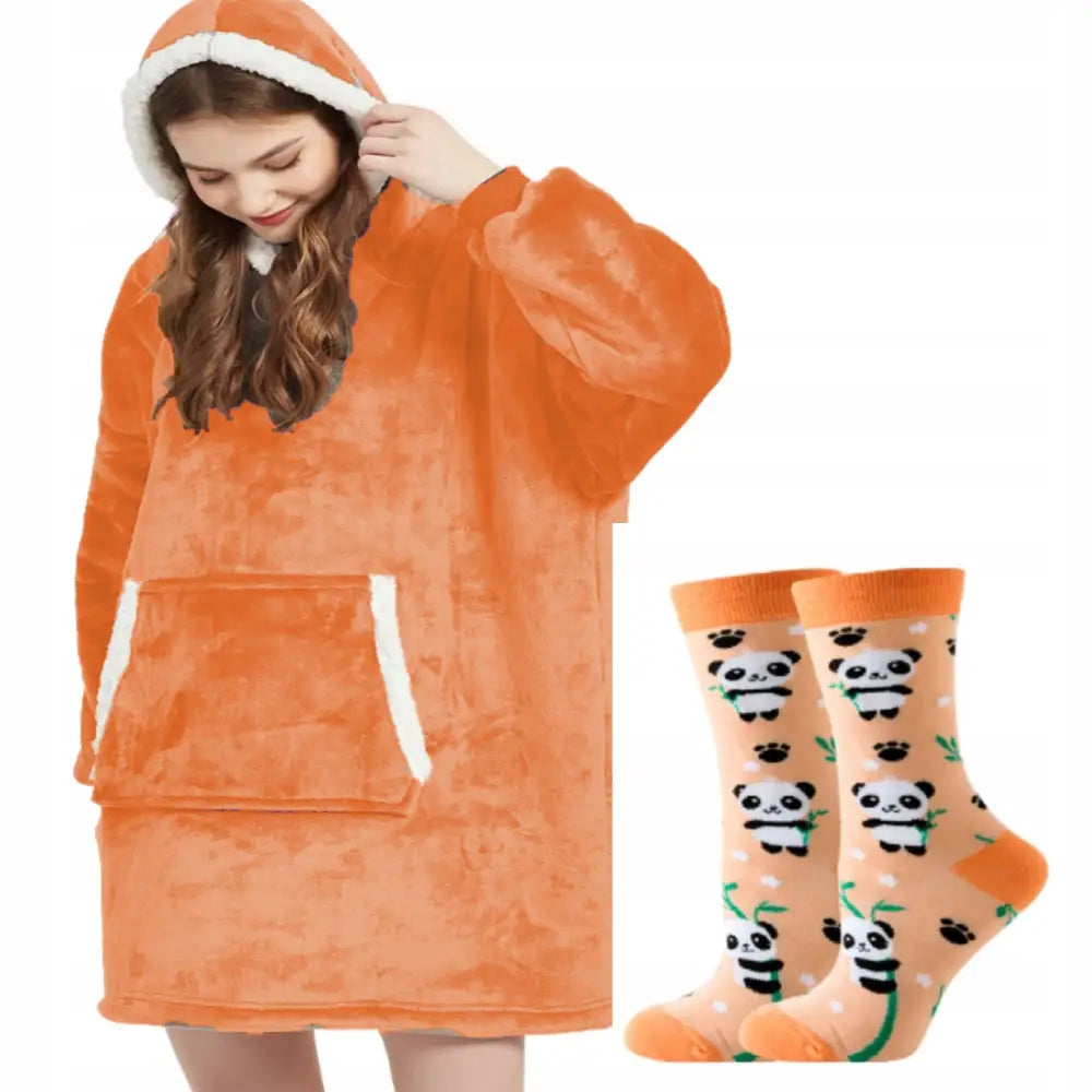 Oversize Pledd-hettegenser Kocobluza Gave Varm 2i1 Tykk Xxl + Sokker