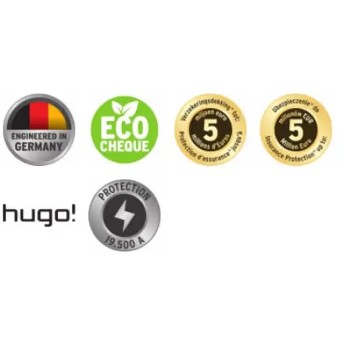 Fem kvalitets- og sikkerhetsmerker for overspenningsvernlist, inkludert forsikringsdekning og lynbeskyttelse.