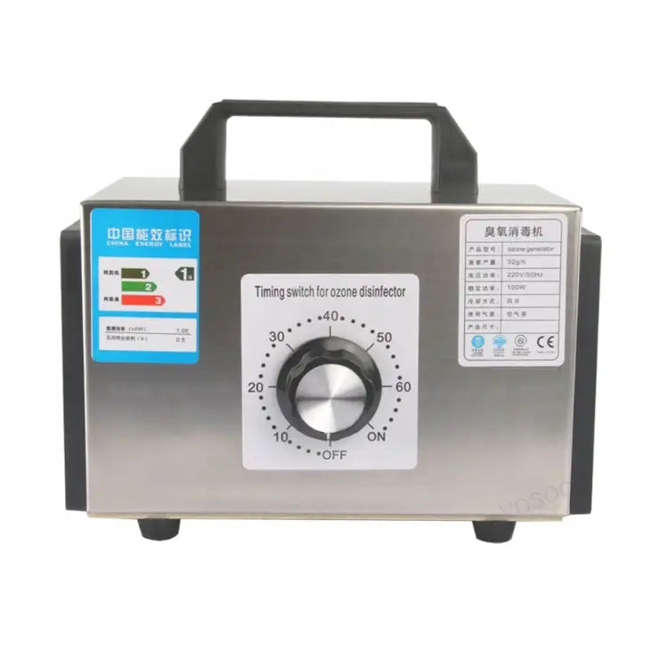 Ozongenerator med timer og filter, frontvisning med stor dreieknapp og tydelig informasjonsetikett.