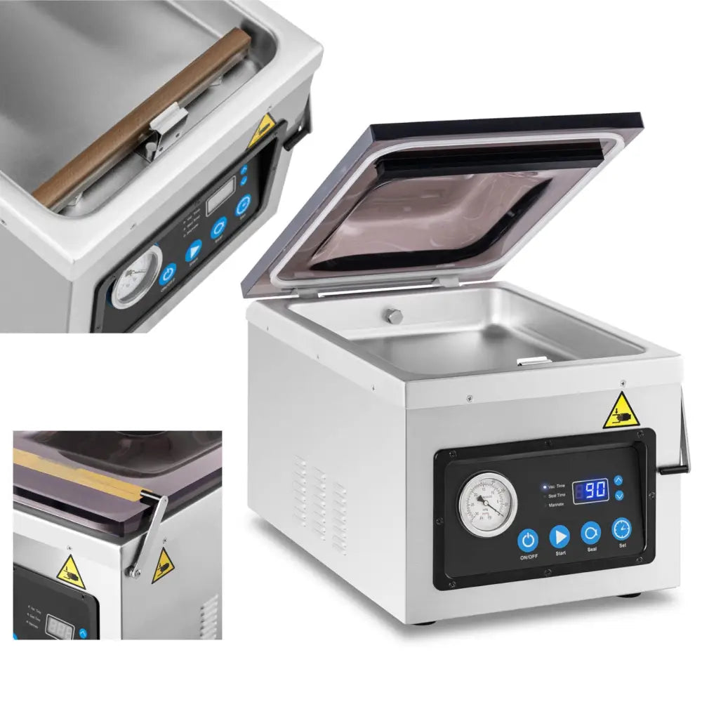 Vakuum kammermatforseglingsmaskin i rustfritt stål, åpent lokk og synlig betjeningspanel med blå knapper.