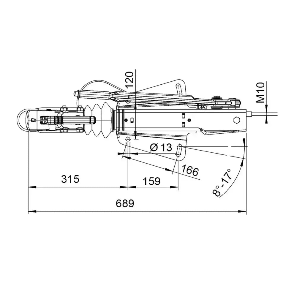 Påløpsbrems AL-KO 251S, sideprofil teknisk tegning med mål, vinkler og markerte monteringspunkter.