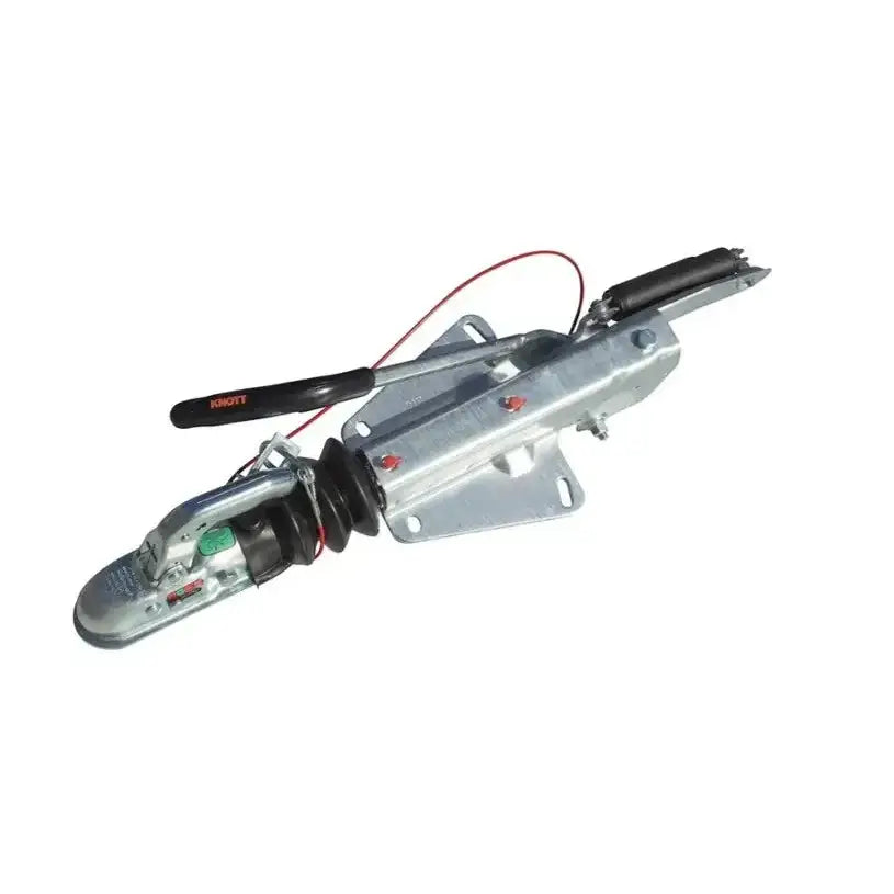 Påløpsbrems KNOTT KF17, galvanisert kobling med sort håndtak, fire bolthull og rød sikkerhetsvaier.