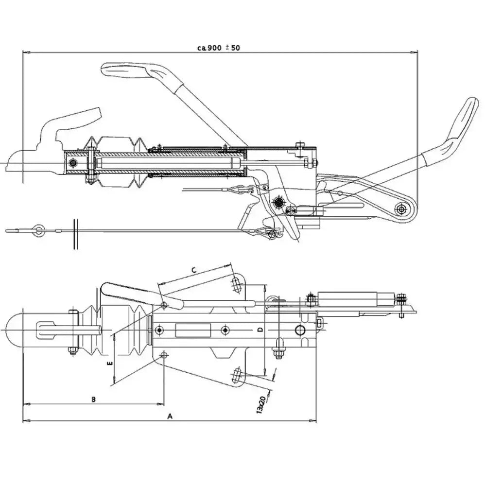 Påløpsbrems KNOTT KF17, teknisk tegning med håndtak, sett fra siden og ovenfra med mål og konstruksjonsdetaljer.
