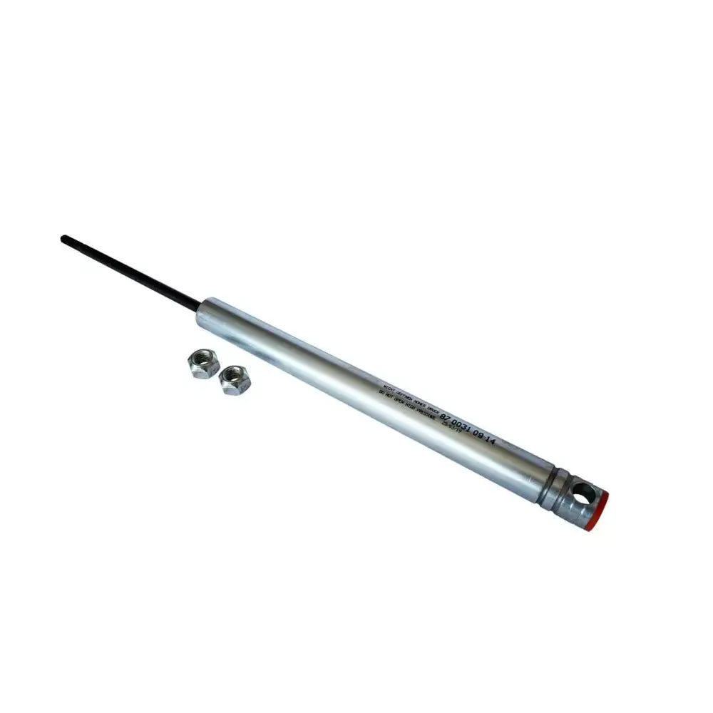 Påløpsdemper KNOTT KF13, skråvisning av sølv metallstang med sort stempelstang og to sekskantmuttere.