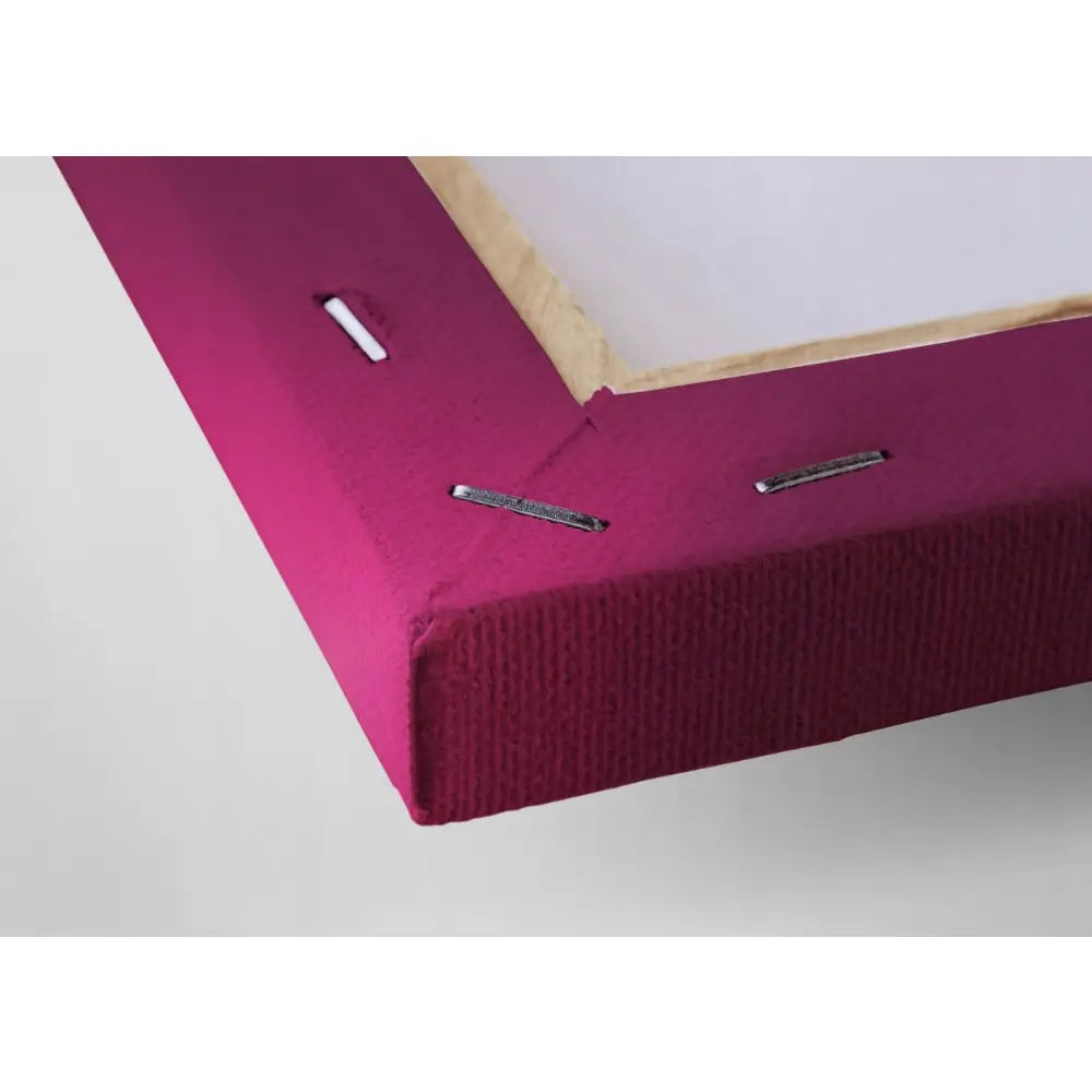 Panorama av Oslo lerretsbilde, detalj av dyp rød ramme med synlige stifter som fester lerretet.