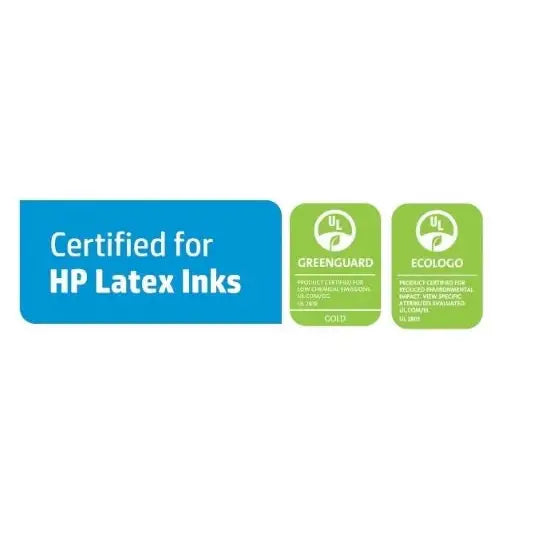 Blått og grønt sertifiseringsmerke for HP Latex Inks, GREENGUARD og ECOLOGO på hvit bakgrunn.