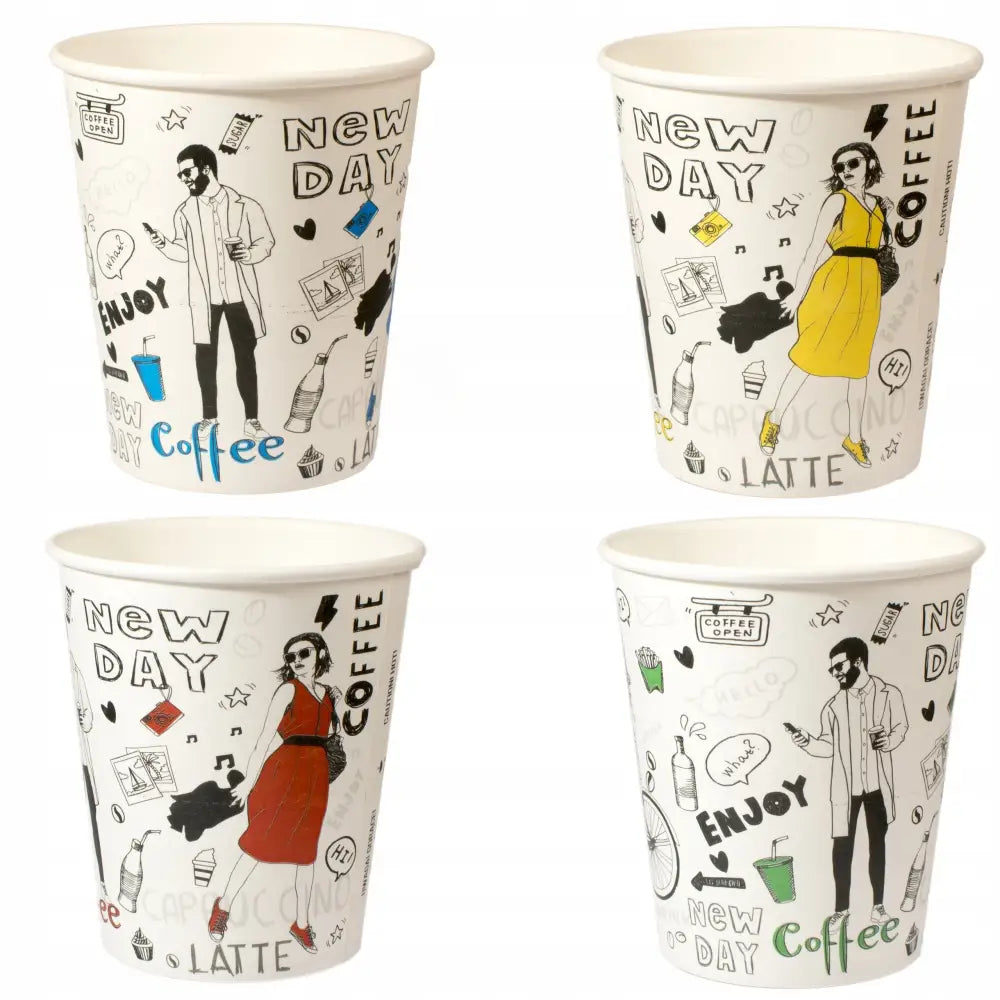 Papirkopper for kaffe med fargerike illustrasjoner av mennesker og kaffekopper, fire ulike motiver side om side.