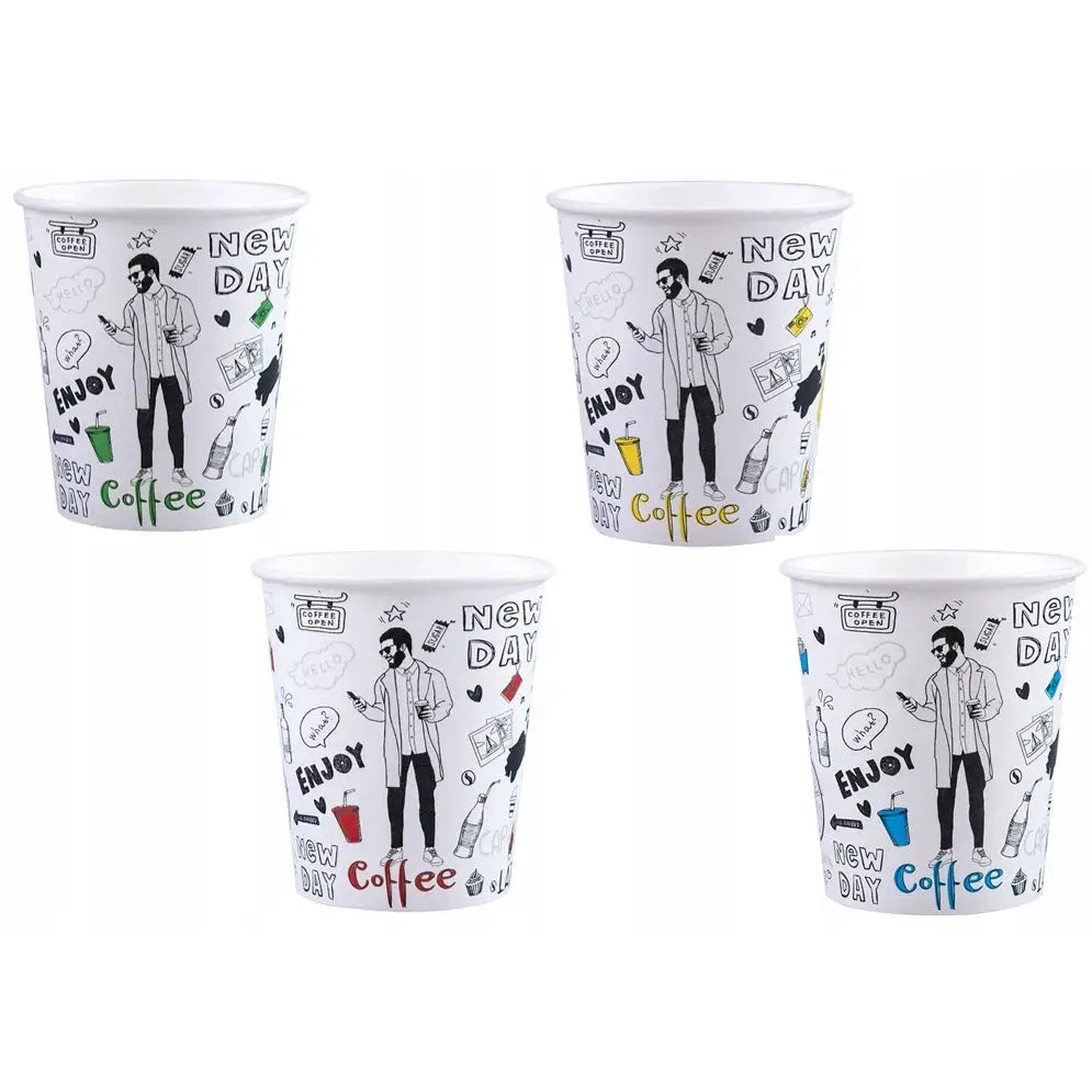 Papirkopper New Day Znak, fire hvite kopper med fargerike Coffee-tekster og illustrasjoner av mann med kaffekopp.