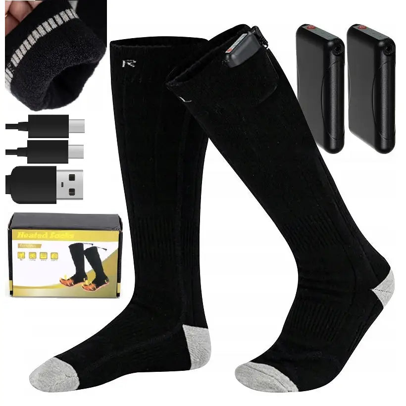 Elektrisk oppvarmede sokker for vinteren, sorte med grå tå og hæl, inkludert batterier, USB-ladere og eske.