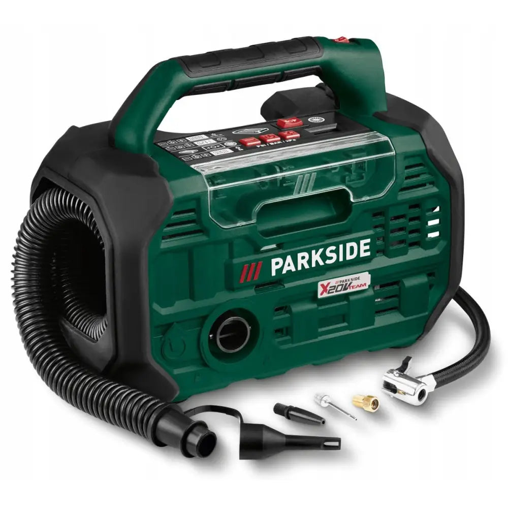 Parkside batteridrevet kompressor 20 V med bærehåndtak, fleksibel slange og munnstykker foran.