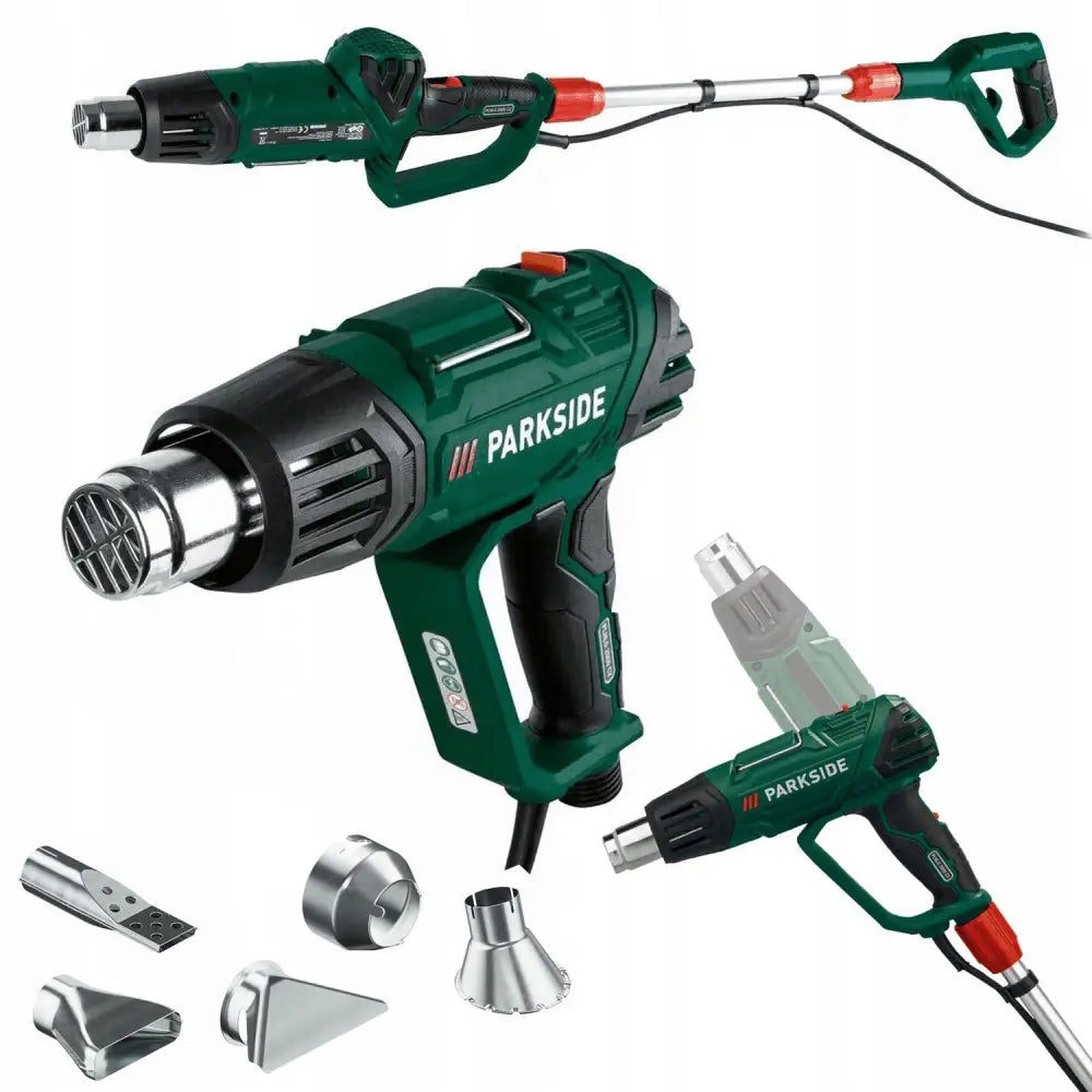 Parkside varmluftspistol i grønn plast med utskiftbare metallmunnstykker og langt håndtak, vist fra siden.