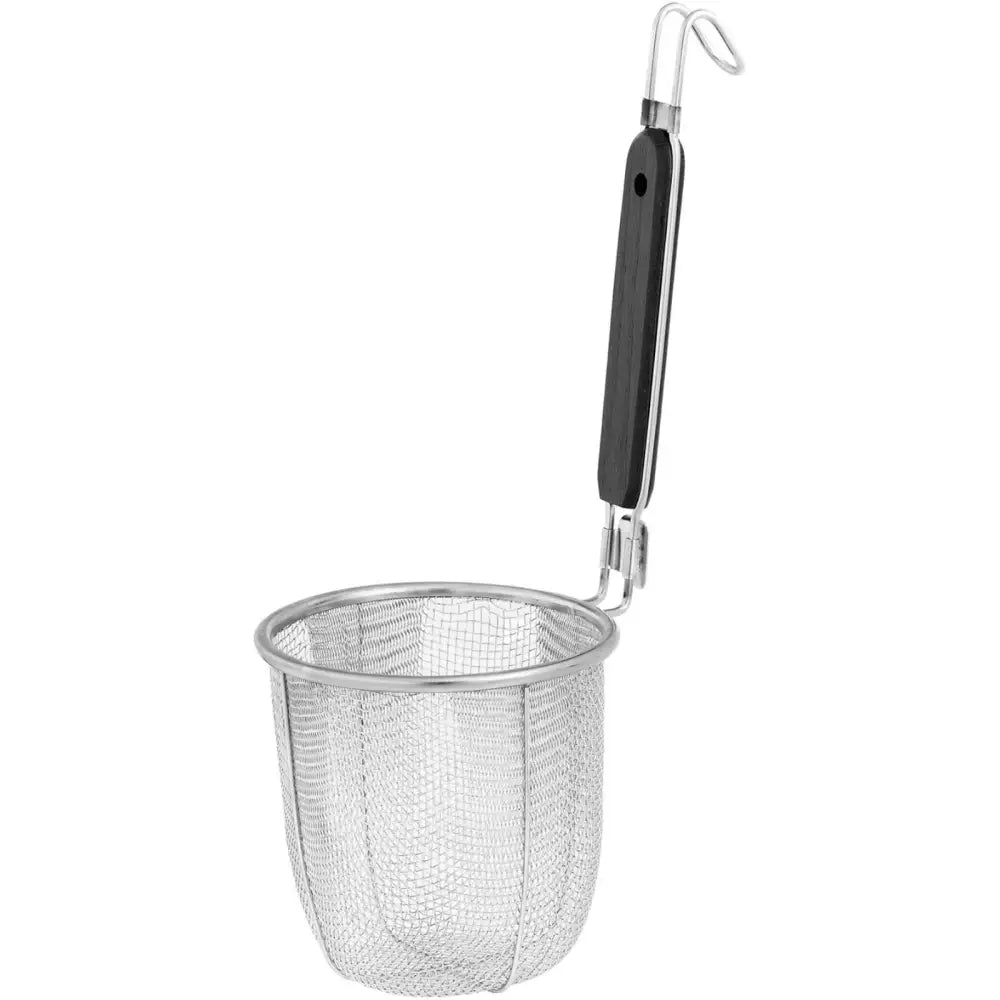 Sølvfarget metallkurv med sort håndtak og krok, detaljvisning fra siden mot hvit bakgrunn.