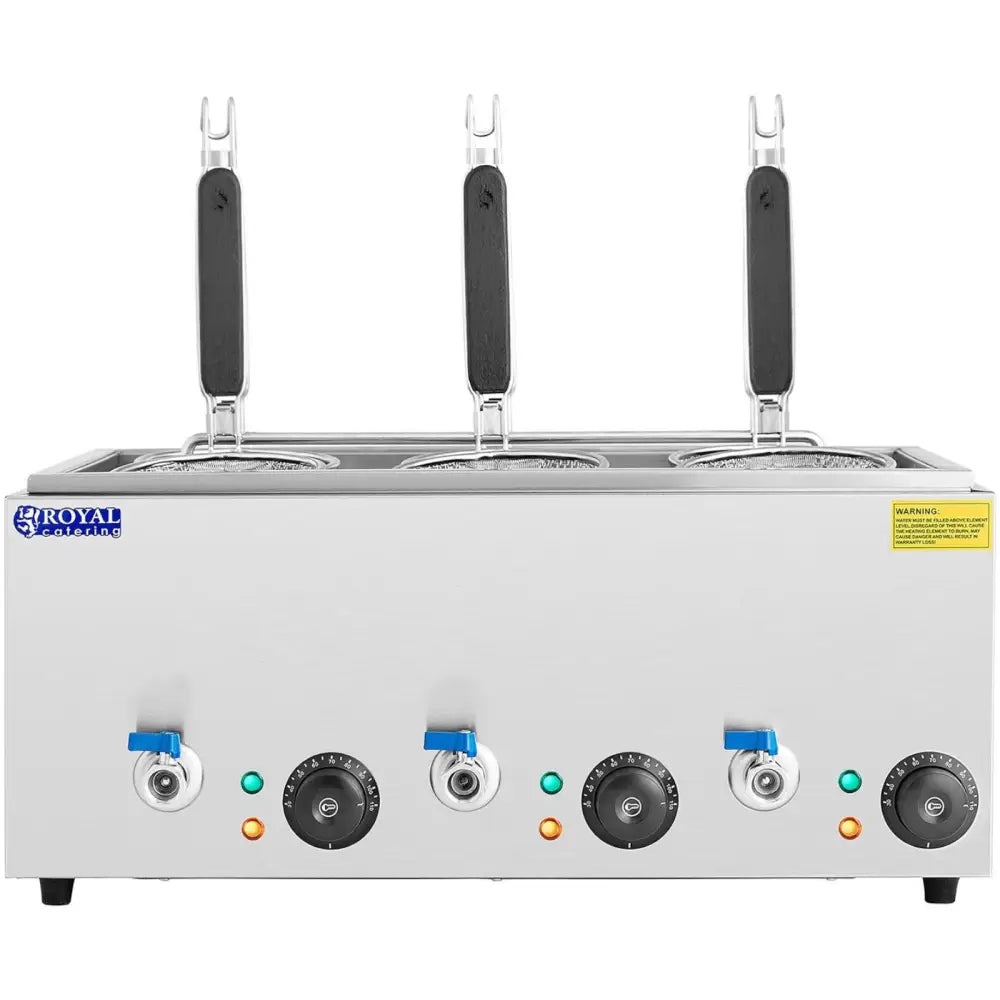 Pasta koker med tre kurver, sorte håndtak og digitalt kontrollpanel med indikatorlys, frontvisning.