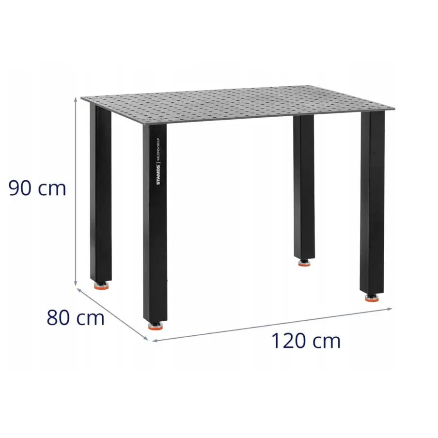 Perforert sveise- og monteringsbord, skrå forfra med synlige mål og sorte ben på metallramme.