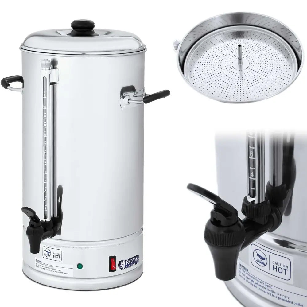 Perkolator brygger av rustfritt stål, 15 liter, med vannmåler, tappekran og detalj av sil i front.