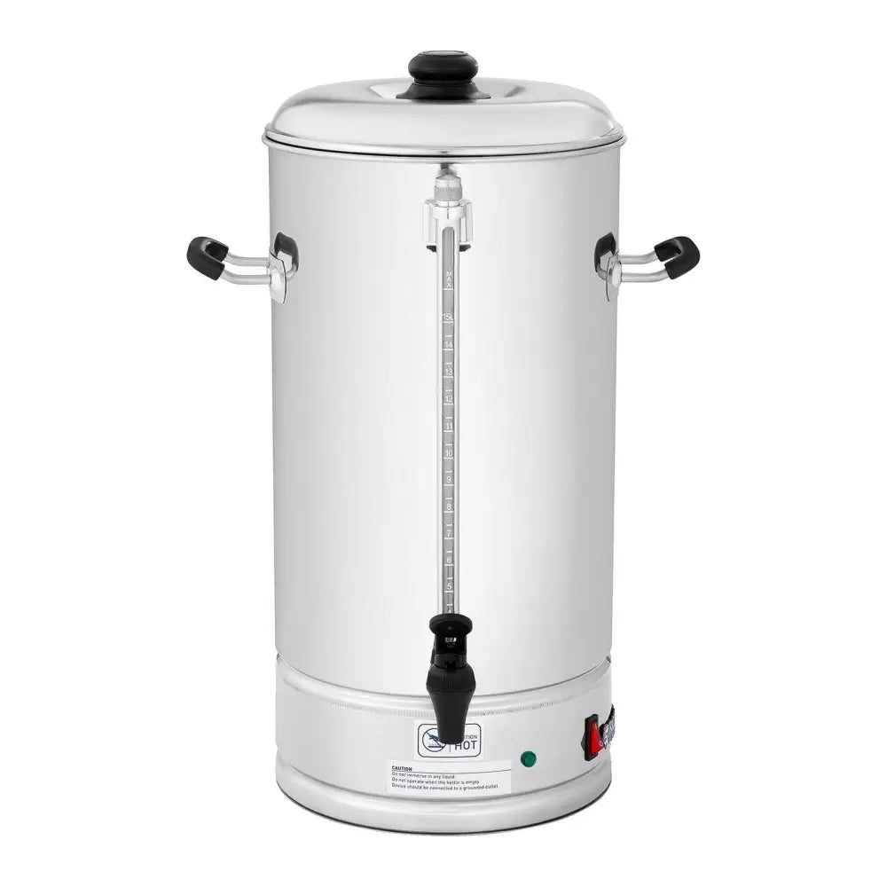 Perkolator brygger i rustfritt stål, frontvisning med sort tappekran, sidehåndtak og tydelig nivåmåler.