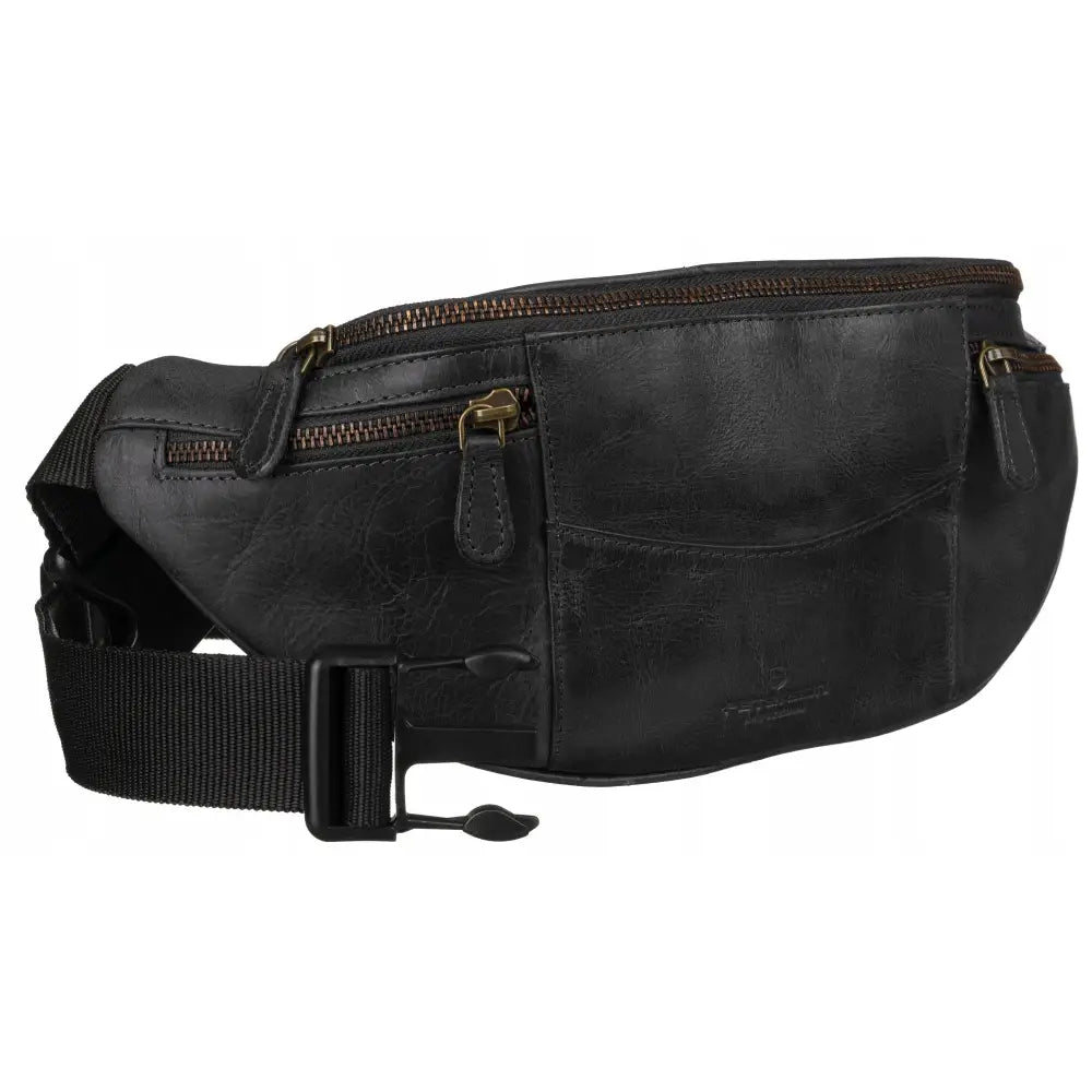 Peterson herre lærveske hoftepose i sort skinn, sidevisning med messingglidelåser og justerbar nylonrem.